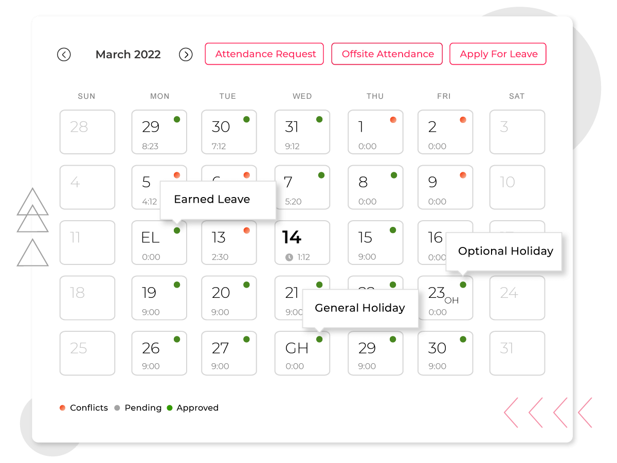 Example of a calendar view showing an Earned Leave day, Optional Holiday, and General Holiday.
