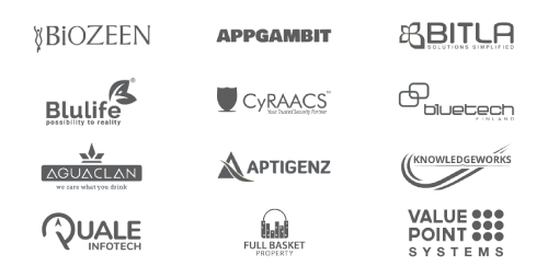 Collage of all the Biozeen, Appgambit Bitla, Bluelife, Cyraacs, Bluetech, Aquaclan, Aptizenz, Knowledgeworks, Quale, Fullbasket, Valuepointsystems logos